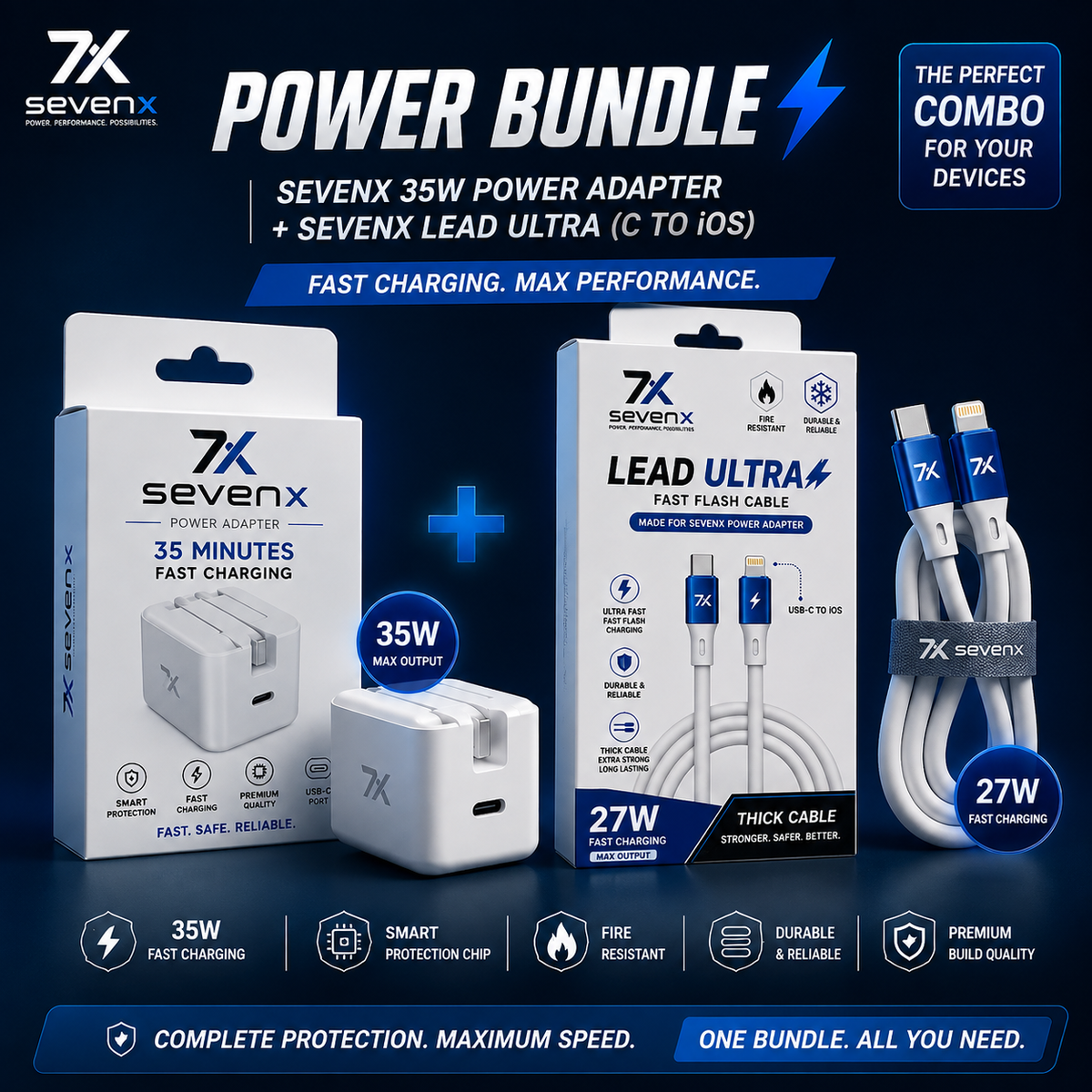 SevenX Apple Iphone 40W with dynamic 60W USA Imported Flash⚡️Charger with 🎁FREE Charging Lead  | 80% in 35 min