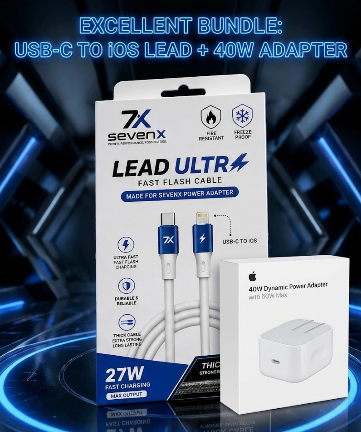 SevenX Power Bundle | 40W with dynamic 60W APPLE ORIGNAL Imported adapter+ Lead Ultra USB-C to iPhone Cable