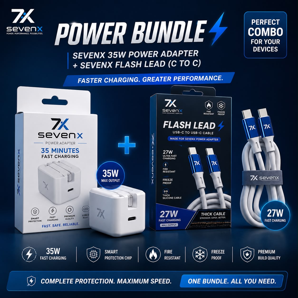 SevenX Power Bundle | 35W Fast Charger + Lead Ultra USB-C to USB-C Cable