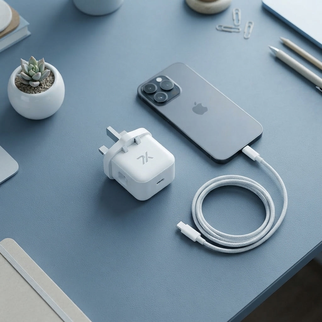 SevenX 35W USB-C power adapter with its plug folded flat resting on a slate blue desk next to a smartphone.