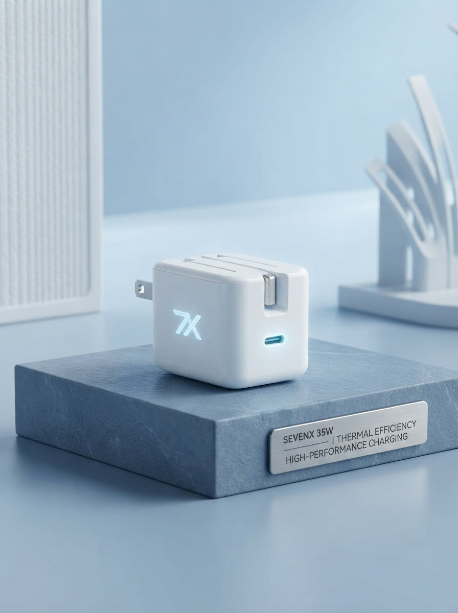 SevenX 35W USB-C Power Adapter with folding plug sitting on a slate blue surface in a bright, modern setting.